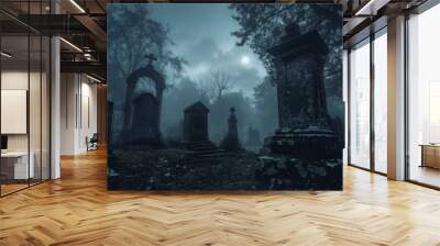 Moonlit graveyard at night, with tombstones shrouded in misty fog Wall mural