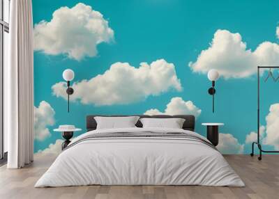 Pattern of fluffy, white clouds against a bright blue sky Wall mural