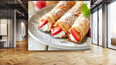 Plate of crispy waffle rolls filled with cream Wall mural