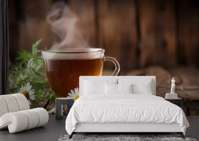 Steaming Cup of Chamomile Tea on Wooden Background Wall mural