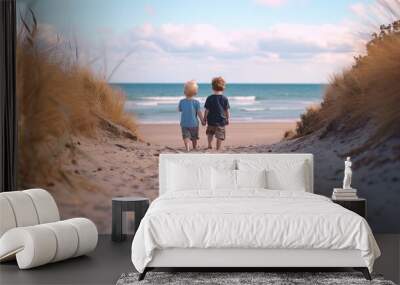 Two boys walking towards the beach Wall mural