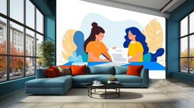 Two Women Signing a Business Agreement Illustration Wall mural