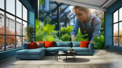 Woman Tending to Plants in a Greenhouse Wall mural