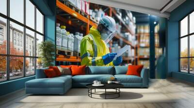 Worker in a safety suit and gloves, carefully checking on a hazardous chemical material information form Wall mural