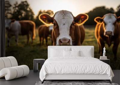 A group of brown and white cows standing in a grassy field at sunset, with one cow prominently in the foreground, ears illuminated by the sun. Wall mural