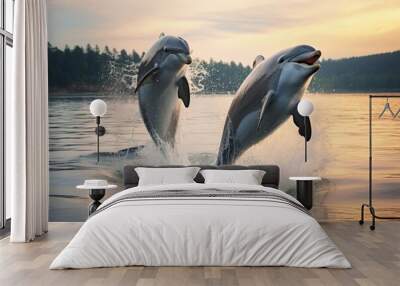 a pair of young dolphins leaping out of the water together Wall mural