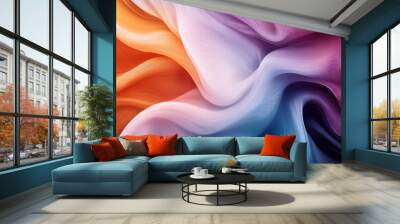 Abstract colorful wavy pattern with gradient hues of orange, purple, and blue resembling flowing fabric or fluid motion in a harmonious design. Wall mural