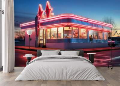 classic 50s diner exterior with neon lights and signage, created with generative ai Wall mural