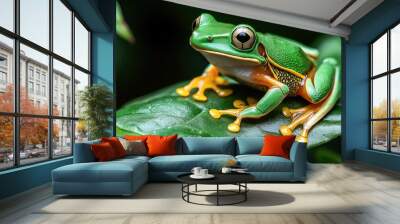 Close-up of a vibrant green and yellow tree frog with large eyes, sitting on a leaf amidst a nature background. Wall mural