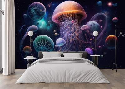 fantastic jellyfish in space depicted on cosmic background with planets and stars, created with generative ai Wall mural