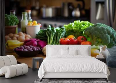 fresh fruits and vegetables spread out on a kitchen countertop Wall mural