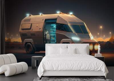 futuristic cargo van of future with illuminated body and flat lights, created with generative ai Wall mural