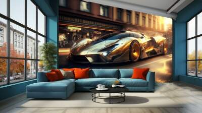 gold silver hypercar rushes through the city on blurry background, created with generative ai Wall mural