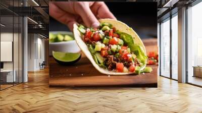 hand squeezing lime on crunchy beef taco Wall mural