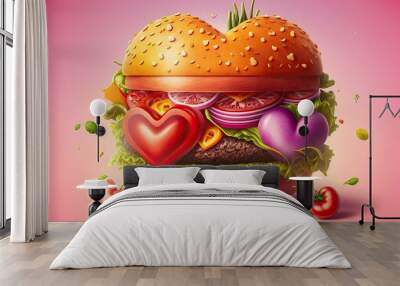 heart-shaped burger with large pink tomatoes and sweet vegetables, created with generative ai Wall mural