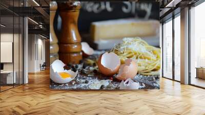 open eggshells near a pile of spaghetti with pepper grinder and cheese Wall mural