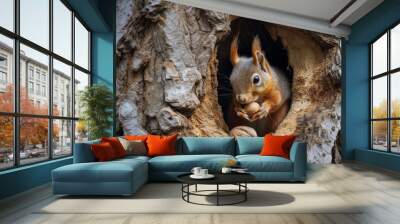 squirrel emerging from a hole in a tree trunk with a nut Wall mural