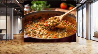 stirring vegetable lentil soup with a wooden spoon Wall mural