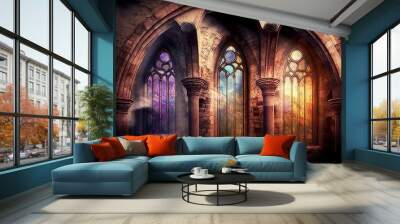 stone arched windows in ancient church with stained glass, created with generative ai Wall mural