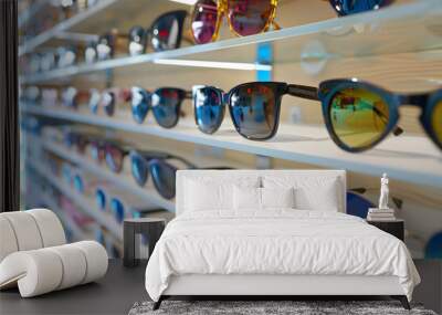 A display of sunglasses with a variety of colors and styles Wall mural