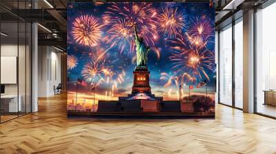 A statue of liberty is lit up with fireworks in the background Wall mural