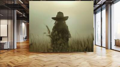 Grim scene of a scarecrow standing alone in a chilling field under a foreboding sky Wall mural