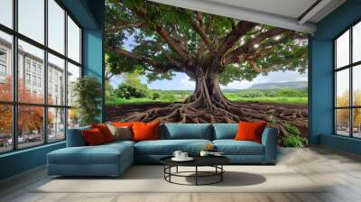 Large tree with strong roots and wide green canopy in a sunlit peaceful landscape Wall mural