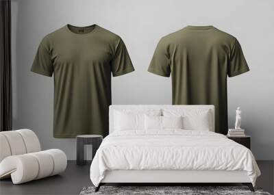 Military green t-shirt mock-up front and back views highlighting collar, sleeves, and fabric texture against a clean grey background Wall mural