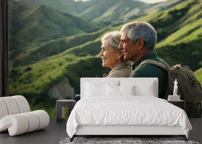 Smiling older couple enjoying a beautiful mountain view, woman resting her head on man's shoulder, casual and relaxed atmosphere Wall mural