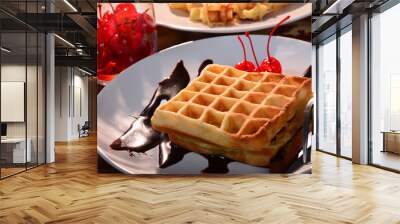 sweet belgian waffles with cherries on a wooden table Wall mural