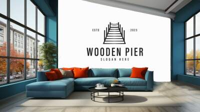 vintage wooden pier logo vector design with outline, modern and elegant, outline village port logo, docks lake iconic logo design vector ideas isolated on white background Wall mural