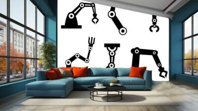 Black silhouettes. Set of robotic arms. Robotic arm manufacture. Cartoon style icon. Vector illustration isolated on white background Wall mural