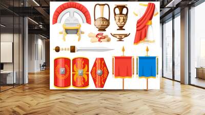 Collection of ancient Roman icons. Clothes, gladius, scutum, scrolls and ceramic tableware. Flat vector illustrator isolated on white background Wall mural