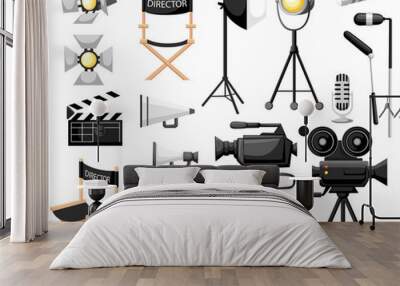 collection of cinematography. making a movie cartoon icon set. director chair, movie camera with fil Wall mural