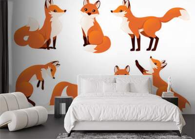 Cute cartoon fox set. Funny red fox collection. Emotion little animal. Cartoon animal character design. Flat vector illustration isolated on white background Wall mural