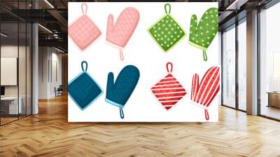 Potholder and oven mitt in different color and texture. Protective fabric tissue cloth with square, line and dot pattern. Flat vector illustration isolated on white background Wall mural