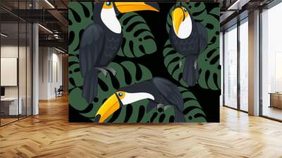 Seamless pattern of mature brazilian toucan bird cartoon animal design flat vector illustration on dark background with green leaves Wall mural