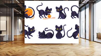 Set of cute adorable black cat playing with orange ball of wool cartoon animal design flat vector illustration on white background Wall mural