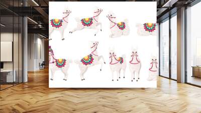 Set of cute llama wearing decorative saddle with patterns cartoon animal design flat vector illustration isolated on white background side view Wall mural