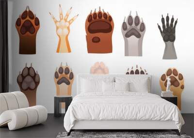 Set of different animal paw fox bear rabbit wolf and others simple cartoon style vector illustration isolated on white background Wall mural