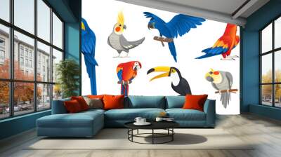 Set of exotic parrot birds cartoon animal design tropical fauna vector illustration on white background Wall mural