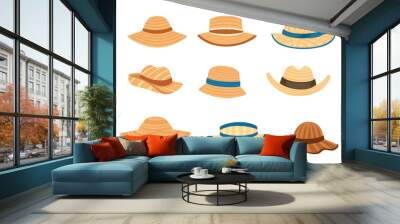 Set of natural summer hay hat with strap and bow flat vector illustration isolated on white background Wall mural