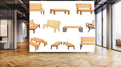 Set of wooden bench with steel wood or concrete legs outdoor park furniture vector illustration isolated on white background Wall mural