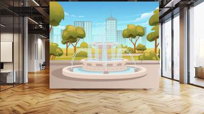 Spring or summer park landscape with trees fountain and modern city on background vector illustration Wall mural