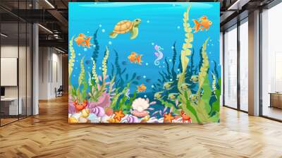 under the sea vector background Marine Life Landscape - the ocean and underwater world with different inhabitants. For print, create videos or web graphic design, user interface, card, poster. Wall mural