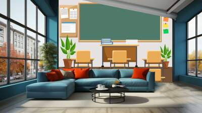 Vector flat illustration of classroom at the school School classroom with chalkboard and desks. Wall mural