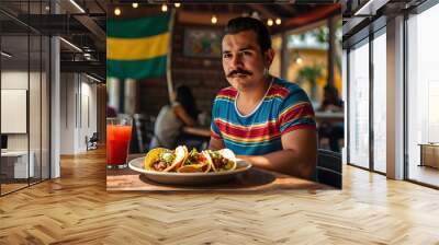 Mexican man with a mustache sitting at the table with a plate of tacos in front Wall mural