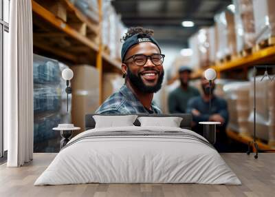 Group portrait of mixed race men working in warehouse laughing Wall mural