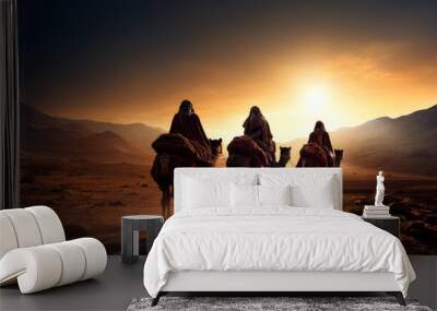 The Three Wise Men carry gifts through the desert guided by the stars. Christmas concept. Wall mural