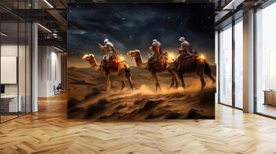 The Three Wise Men carry gifts through the desert guided by the stars. Christmas concept. Wall mural